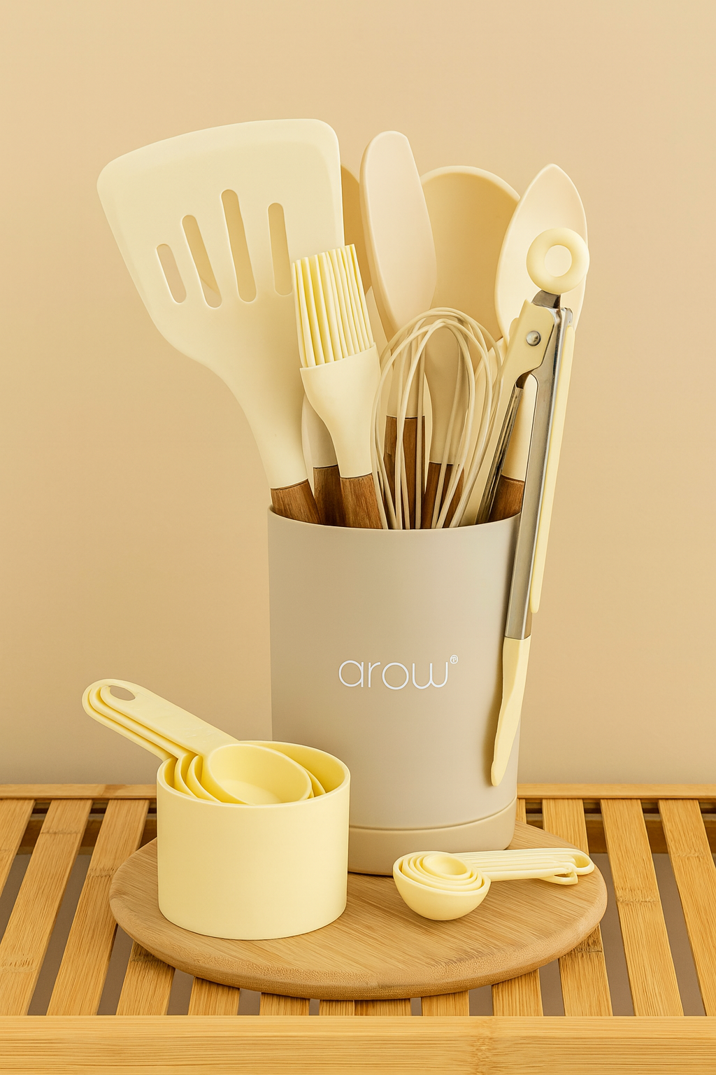 Akasya Ağacı Saplı 22 Parça Silikon Mutfak Seti - Krem