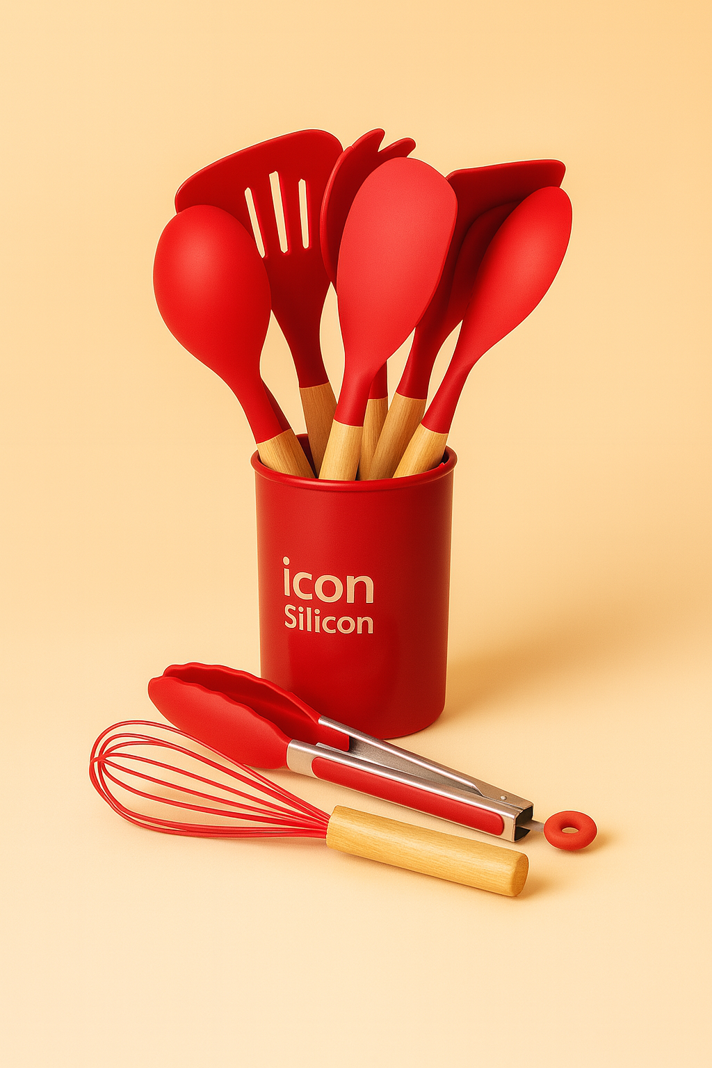 Standlı Bambu Saplı Silikon 12 Parça Mutfak Seti - Kırmızı