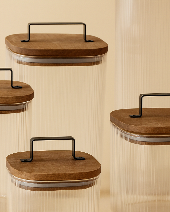 Akasya Ağacı Kapaklı Borosilikat Cam Kavanoz Seti 5 Adet