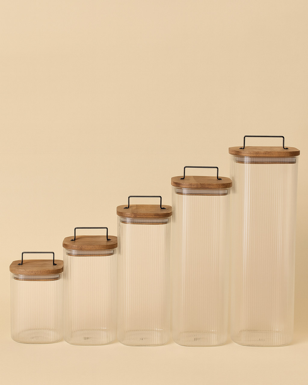 Akasya Ağacı Kapaklı Borosilikat Cam Kavanoz Seti 5 Adet