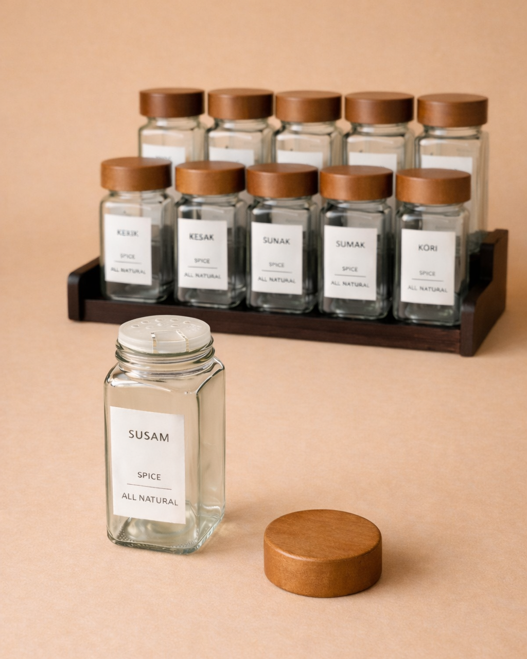 Akasya Ağacı Standlı 12'li Baharatlık Seti