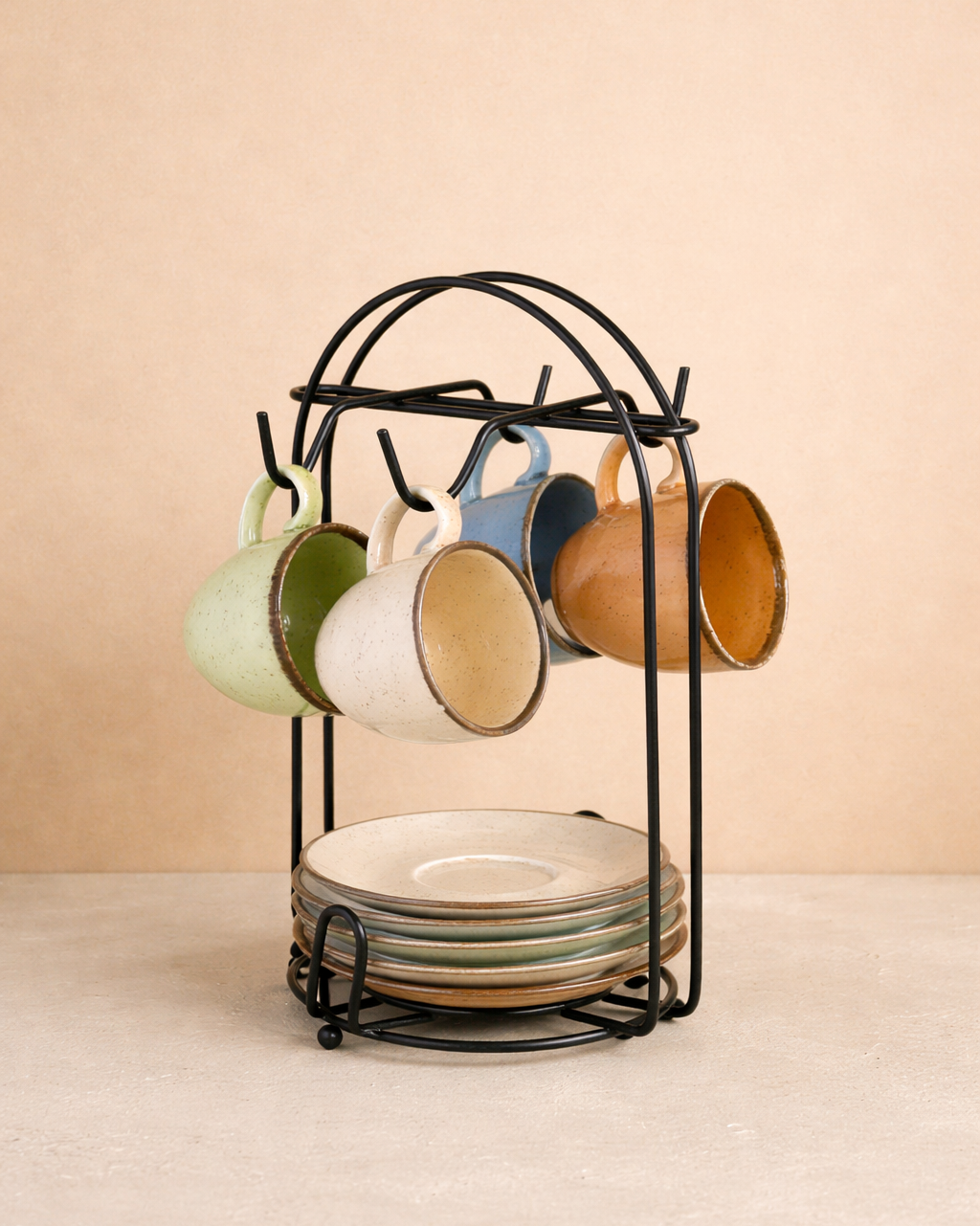 4 Kişilik Renkli Kupa Seti - Metal Organizerli