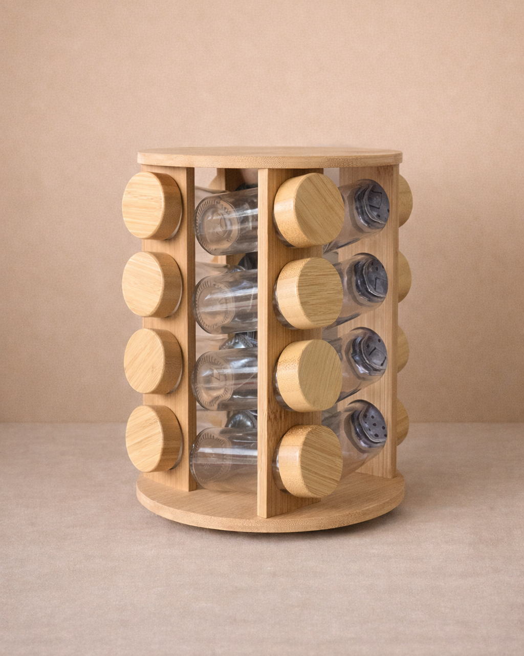 Dönen Bambu Standlı 16'lı Cam Baharatlık Seti