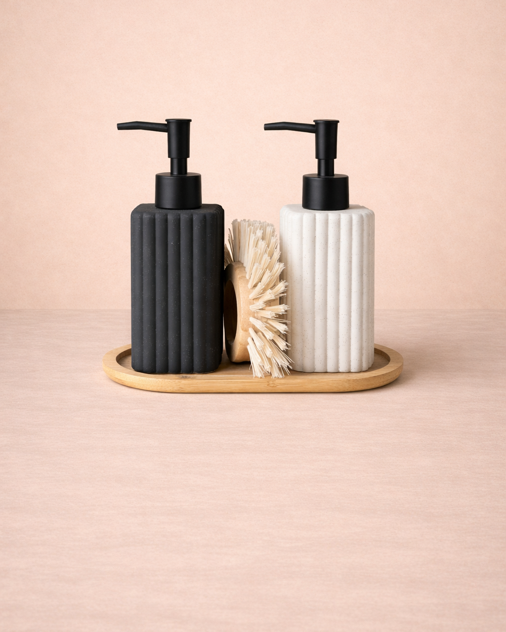 Bambu Standlı İkili Sıvı Sabunluk ve Fırça Seti