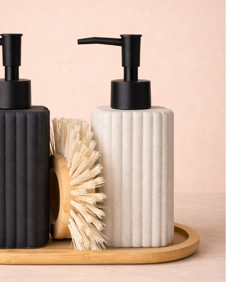 Bambu Standlı İkili Sıvı Sabunluk ve Fırça Seti