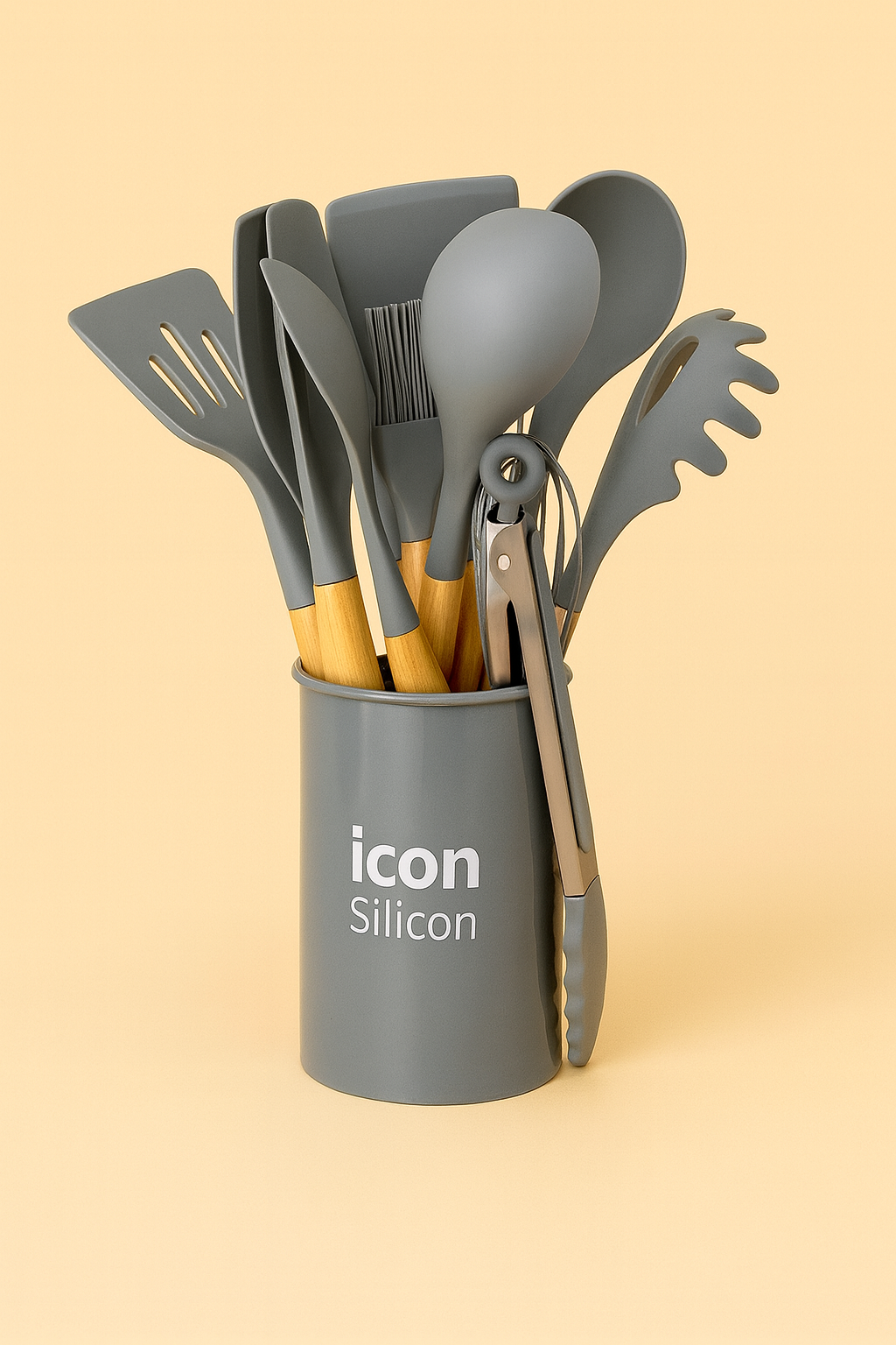 Standlı Bambu Saplı Silikon 12 Parça Mutfak Seti - Gri