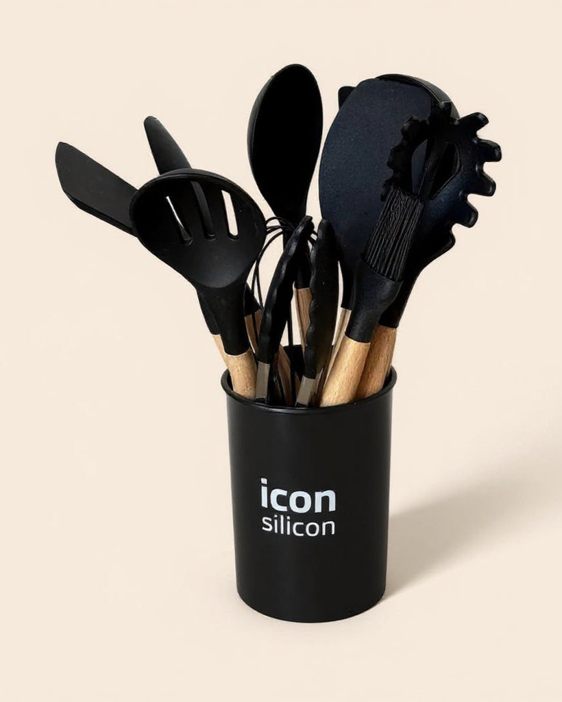 Bambu Saplı Silikon 12 Parça Mutfak Seti - Siyah