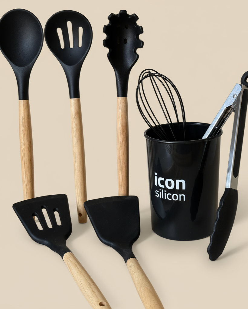 Bambu Saplı Silikon 12 Parça Mutfak Seti - Siyah