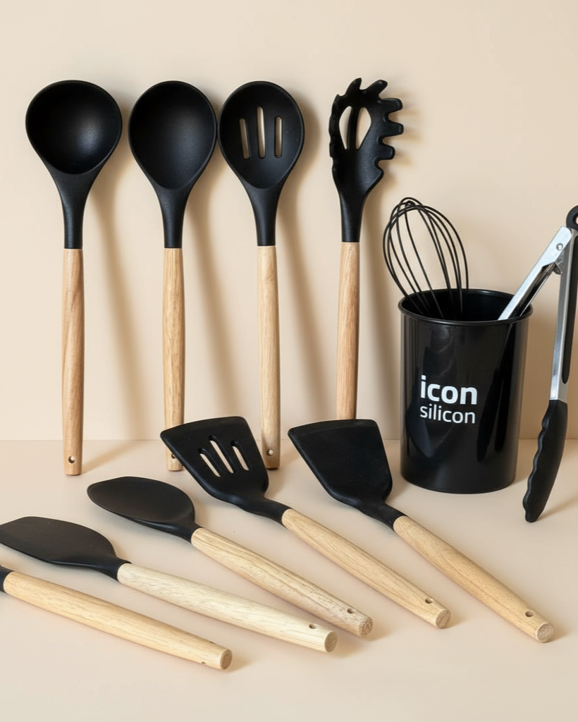 Bambu Saplı Silikon 12 Parça Mutfak Seti - Siyah